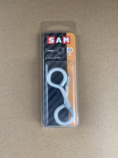 Sam Schroef-Oog. 5,0 x 35 mm.  wit. 2 stuks Schroef-ogen. Waslijn. Hang-Plant.
