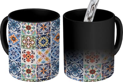 Magische Mok - Foto op Warmte Mokken - Koffiemok - Design - Bloemen - Oranje - Blauw - Abstract - Magic Mok - Beker - 350 ML - Theemok