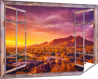 Gards Tuinposter Doorkijk Woestijn Landschap met Zonsondergang - 150x100 cm - Tuindoek - Tuindecoratie - Wanddecoratie buiten - Tuinschilderij