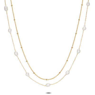 Twice As Nice Halsketting in goudkleurig edelstaal, dubbele ketting met 9 zoetwaterparels 40cm+5cm
