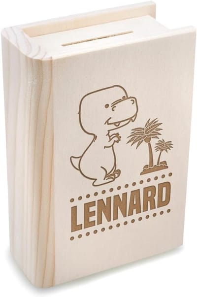Gepersonaliseerde Spaarpot - Spaarkas Geldkist - Kinderen Leren Sparen - Duurzaam Grenenhout Boekvorm - 165x105x55 cm - Dessin Dino