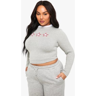 boohoo Dames PLUS STERRENICOON GETAILLEERDE LANGARMIGE TOP | Grijze Mergel | Maat: 44