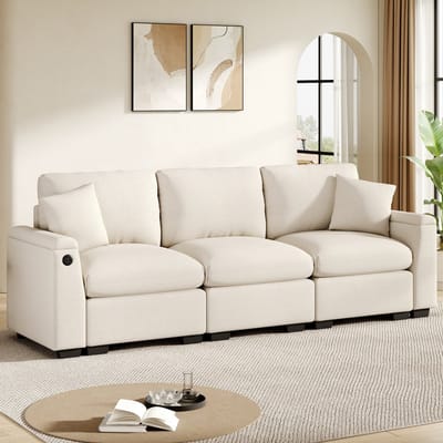 Wishdor - 3-Zitsbank - Opklapbare Rugleuning En USB-Aansluiting - Modern - Voor Woonkamer - Chenille - Beige - 242 X 80 X 88 Cm