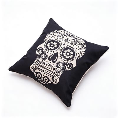 Housse de coussin décorative Crâne en Sucre Noir, Housse de Coussin Florale Jour des Morts pour Décoration Intérieure Gothique & Halloween 45x45cm