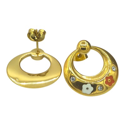 Goldplated Stalen Oorstekers – Bloemen met CZ Steentjes – 2.1 x 2 cm – Goudkleurig Verguld Staal