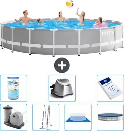 Intex Rond Prism Frame Zwembad - 610 x 132 cm - Grijs - Inclusief Pomp - Ladder - Grondzeil - Afdekzeil Filter - Zoutwatersysteem - Zwembadzout
