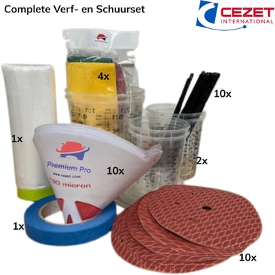 Complete Verf- en Schuurset – Mengbekers, Schilderstape, Masking Film, Microvezel doeken, Verfzeefjes, Roerlatten, Schuurpapier – Voor Autolak, Lak, Primer en overige verf soorten - Doe-Het-Zelf