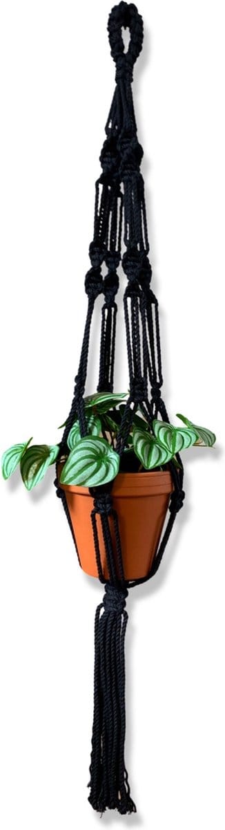 Plantenhanger 'Punky' Zwart - 100 cm lang - Katoenkoord - Geschikt voor Pot met Diameter t/m 25 cm - Handgemaakt in ons Macramé Atelier - Prijs per Stuk - Let op: Exclusief Pot - Inclusief Verzendkosten