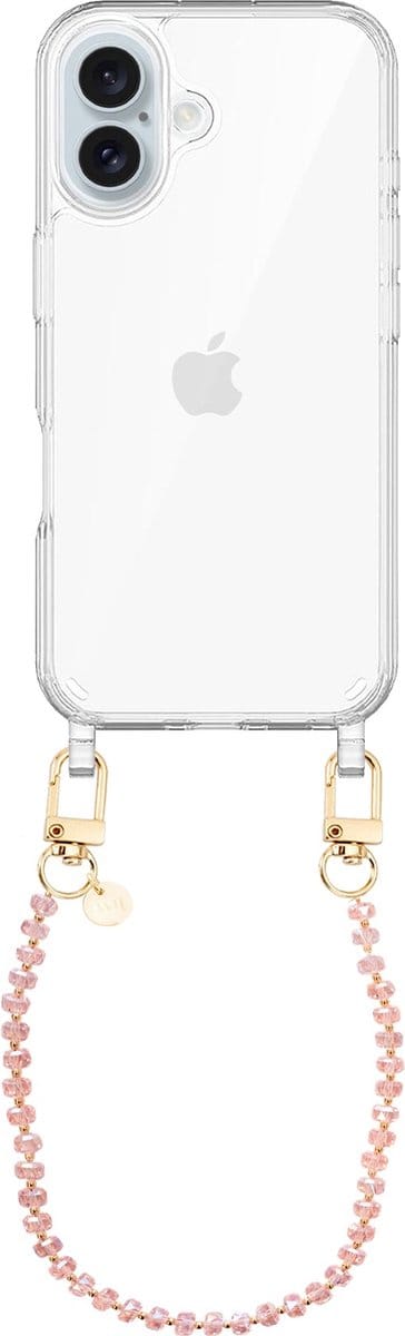 xoxo Wildhearts siliconen hoesje geschikt voor iPhone 16 Plus hoesje - Crystal (Roze) - Telefoonhoesje - Hoesje met koord - Kristal ketting - Kristallen met gouden details - kort telefoonkoord - Transparant hoesje