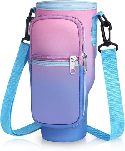 Stijlvolle Waterfles Draagtas met Schouderriem en Telefoonvak, Geschikt voor 1.1L Flessen en Tumbler, Ideaal voor Wandelen en Outdoor Activiteiten (Paarse Gradient)