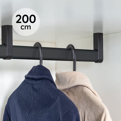 Eleganca kledingstang Dikwandig – Extra zware kleding roede – 200 cm – Montage onder plank – Inclusief 2 extra stevige metalen eindhouders & 1 midden houder – Geschikt voor zware kleding, buigt niet door – Metaal - Mat Zwart