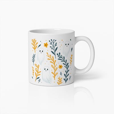 Schattige Spook Bloemen Mok – Sfeervolle Halloween Koffiebeker met Vriendelijke Geesten en Herfstbladeren