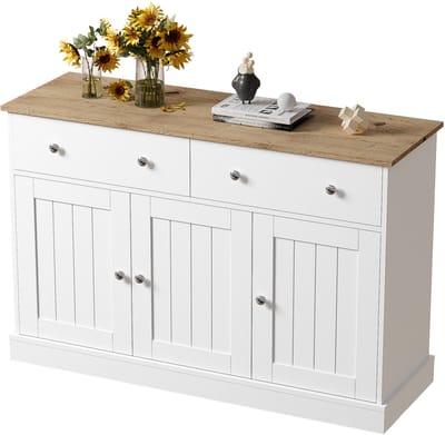 Dressoir - 120x36x80,5 cm - Dressoir Met Reliëf Deuren En Lades - Push To Open Ontwerp - Spaanplaat - Wit Houtkleur