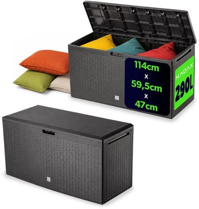 KADAX Tuinkist, 114 x 47 x 59,4 cm, opbergdoos van kunststof, 290 liter, tuinkist met handgrepen en sluiting, tuinbox voor het opbergen van kussens (290 l, donkerbruin)