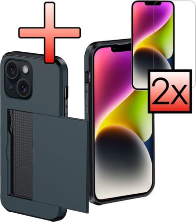 Hoes Geschikt voor iPhone 14 Hoesje Pasjeshouder Hard Cover Met 2x Screenprotector Shock Proof Hard Case Hoes Met Kaarthouder - Donkerblauw