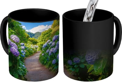 Magische Mok - Foto op Warmte Mokken - Koffiemok - Hortsensia - Pad - Bloemen - Magic Mok - Beker - 350 ML - Theemok