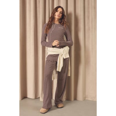 Dames DSGN Studio Gestreepte Fleece Rechte Pijp Broek | Chocoladebruin | Maat: XS
