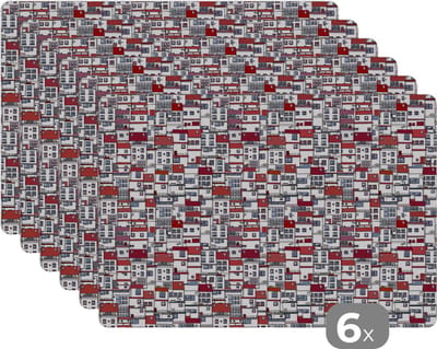 Placemat - Placemats kunststof - Stad - Patroon - Huizen - 45x30 cm - 6 stuks - Hittebestendig - Anti-Slip - Onderlegger - Afneembaar