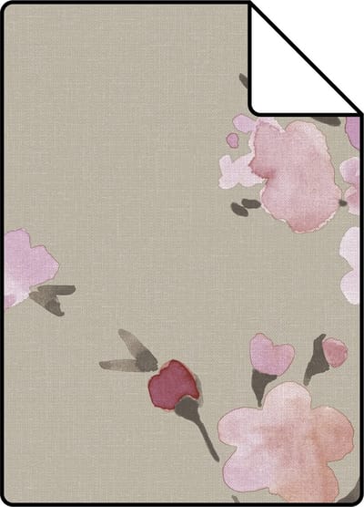Proefstaal ESTAhome behang kersenbloesems taupe en lila paars - 26.5 x 21 cm - 148717-S
