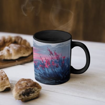 Magische Mok - Foto op Warmte Mokken - Koffiemok - Schilderij - Zonsondergang - Bloemen - Rivier - Magic Mok - Beker - 350 ML - Theemok