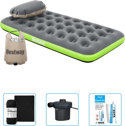 Bestway luchtbed - 1-Persoons - 99 x 188 x 22 cm - Grijs/Groen - Inclusief Hoeslaken - Pomp en Reparatieset
