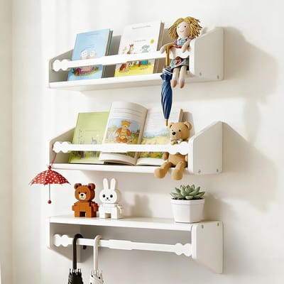 Zwevende boekenplank voor kinderkamer, Set 3 houten boekenplanken voor aan de muur voor kinderen, Opknoping planken en kruidenrek voor speelgoed opslag, woonkamer slaapkamer Decor, Wit