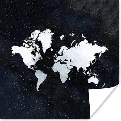 Poster 30x30 cm - Wereldkaart - Sterrenhemel - Wit - Posters - Kamer decoratie - Wanddecoratie woonkamer - Muurdecoratie slaapkamer