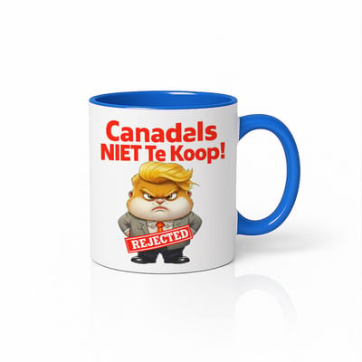 Blauw-Witte Mok – “Canadals NIET Te Koop!” – Grappige Politieke Cartoon met Rejected Stempel – Humoristisch Cadeau – 330ml Keramische Beker