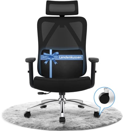 Fukstern Ergonomische Bureaustoel – Bureaustoel voor Volwassenen – Verstelbare Armleuningen & Hoofdsteun – Inclusief Lendenkussen – 135° Kantelfunctie – Metalen Voetkruis – Belastbaar tot 155 kg – Zwart