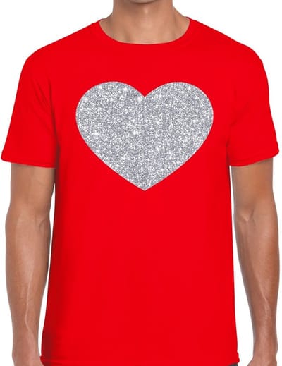 Glitter and Glamour hartje print - in het zilver - t-shirt in het rood - voor heren - Love - Vrijgezellenfeest - Foute Party S