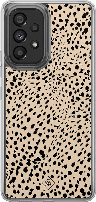 Casimoda® hoesje - Geschikt voor Samsung Galaxy A52 5G - Stippen bruin abstract - 2-in-1 case - Schokbestendig - Gestipt - Verhoogde randen - Bruin/beige, Transparant