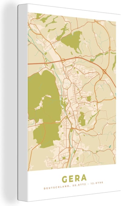 Canvas Schilderij Plattegrond - Vintage - Gera - Kaart - Stadskaart - 20x30 cm - Wanddecoratie