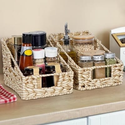 PromoHome Geweven Opslagmanden met Handvatten (Set van 2) - Decoratieve Organisatiemanden voor Keuken, Kelder en Planken - Duurzame Wicker Manden voor Huishoudelijke Opslag
