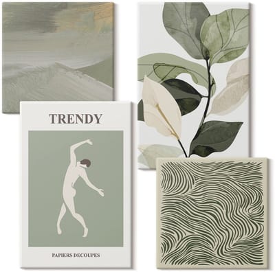 Wallfluent Set van canvas schilderijen - Plantenpatronen met silhouetten en abstracte vormen Canvas Schilderijen Set - Set van 4 Canvas Schilderijen - Groente Set van Canvas Prints - Abstractie Canvas Kunst Set - Boheemse Canvas Kunst Set