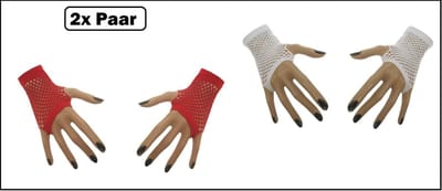 2x Paar nethandschoenen vingerloos rood en wit - Themafeest - Festival thema feest disco neon verjaardag verkleed feest