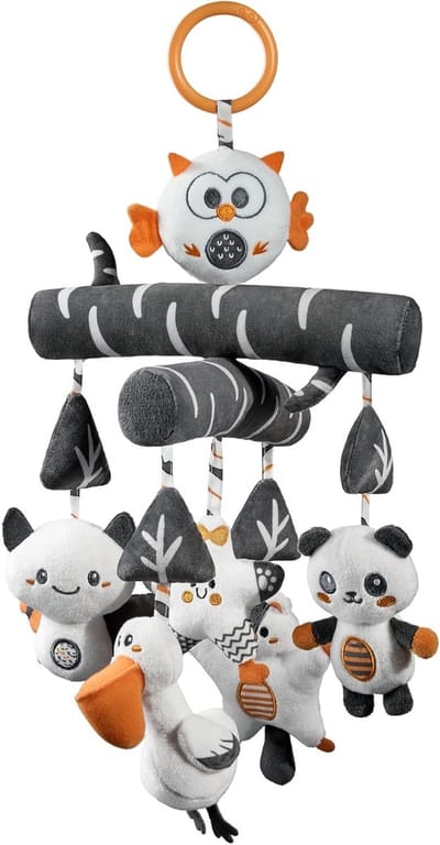 Speelgoed voor Baby's van 0 tot 12 Maanden, Contrast Zwart-Wit Speelboog met Geluid, Pluche Dierenhanger en Grijp Speelgoed voor Jongens en Meisjes