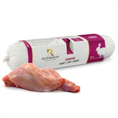 Ritzenberger Konijn & Boekweit compleet gestoomde worst 24 x 400 gram (doos 12 rollen, 9,6 kilo totaal)