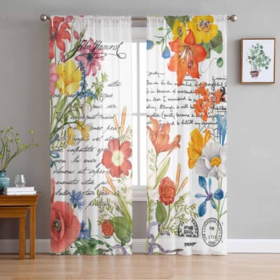Aquarel Handgeschilderde Bloemen En Lente Retro Tule Raamgordijnen voor Slaapkamer Luxe Draperieën in Woonkamer Chiffon Panelen 135W x 114H(cm) white