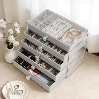 Sieradenbox met 5 lagen voor vrouwen - Transparante acryl schaal en grote organizer voor oorbellen, kettingen en armbanden, perfect als cadeau voor elke gelegenheid
