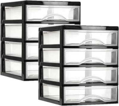 PlasticForte Ladeblok - 2x - 4 lades - zwart met transparant - bureau organizer - L18xB21xH23 cm - kunststof