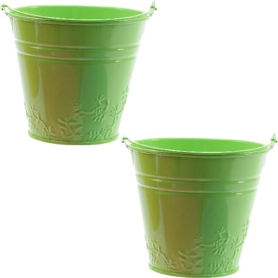Decoris Bloempot/plantenpot bloemen relief - 2x - zink - D11 cm - groen