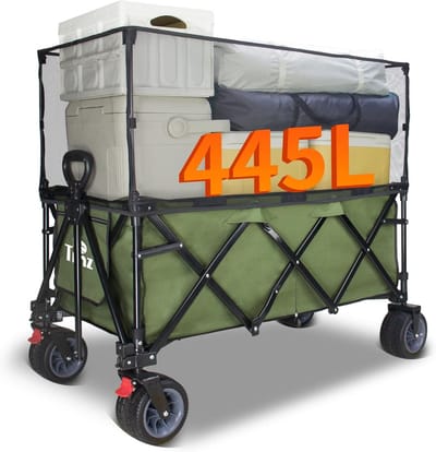 Opvouwbare bolderkar met dak en remmen - 445L capaciteit, 120 kg belastbaar, extra brede banden voor alle terreinen