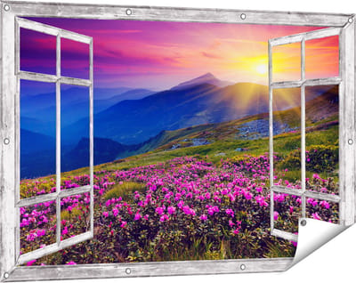 Gards Tuinposter Doorkijk Roze Rhododendron Bloemenveld - Bergen - 120x80 cm - Tuindoek - Tuindecoratie - Wanddecoratie buiten - Tuinschilderij