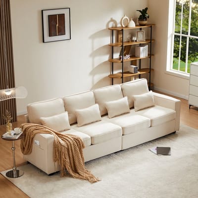DESMIU Zitbank 264 Cm - 4-Zits Met Armleuningvakken En 4 Kussens - Voor Woonkamer Appartement En Kantoor - Linnen Beige