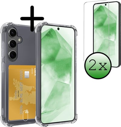 Hoesje Geschikt voor Samsung Galaxy A55 - Met 2x Screenprotector - Pashouder - Kaarthouder - Telefoon Hoes Shockproof - Siliconen Case - Back Cover - Shock Proof - Pasjes Houder - Transparant