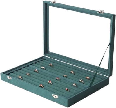 Juwelendoos Fluwelen Organizer - Sieraden Display Houder - Veilig Opbergen - Transparant Glazen Deksel - 35x24x5cm - Groen