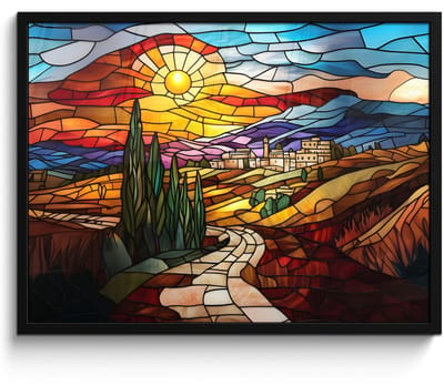 Poster in lijst - Fotolijst 70x50 cm - Posters - Mozaïek - Zon - Landschap - Dorp - Posterlijst zwart - Decoratie - Wanddecoratie woonkamer - Muurdecoratie slaapkamer