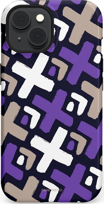 Casetastic hoesje geschikt voor Apple iPhone 15 - MagSafe - Dubbellaagse bescherming - Fresh Paars Witte X's - Fashion Case - Donkerblauw Zilver Lavendel Wit