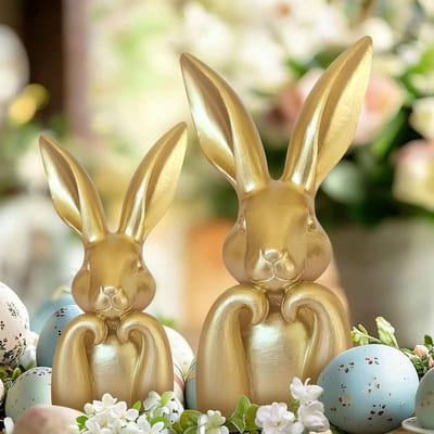 Gouden Mini Konijnen van Hars, Vintage Tafelbeeldje voor Lente Decoratie, Perfect voor Pasen en Interieur Styling