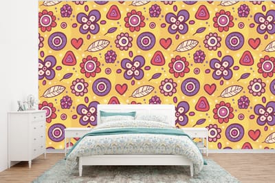 Behang - Fotobehang Patroon - Bloemen - Paars - Oranje - Breedte 320 cm x hoogte 240 cm